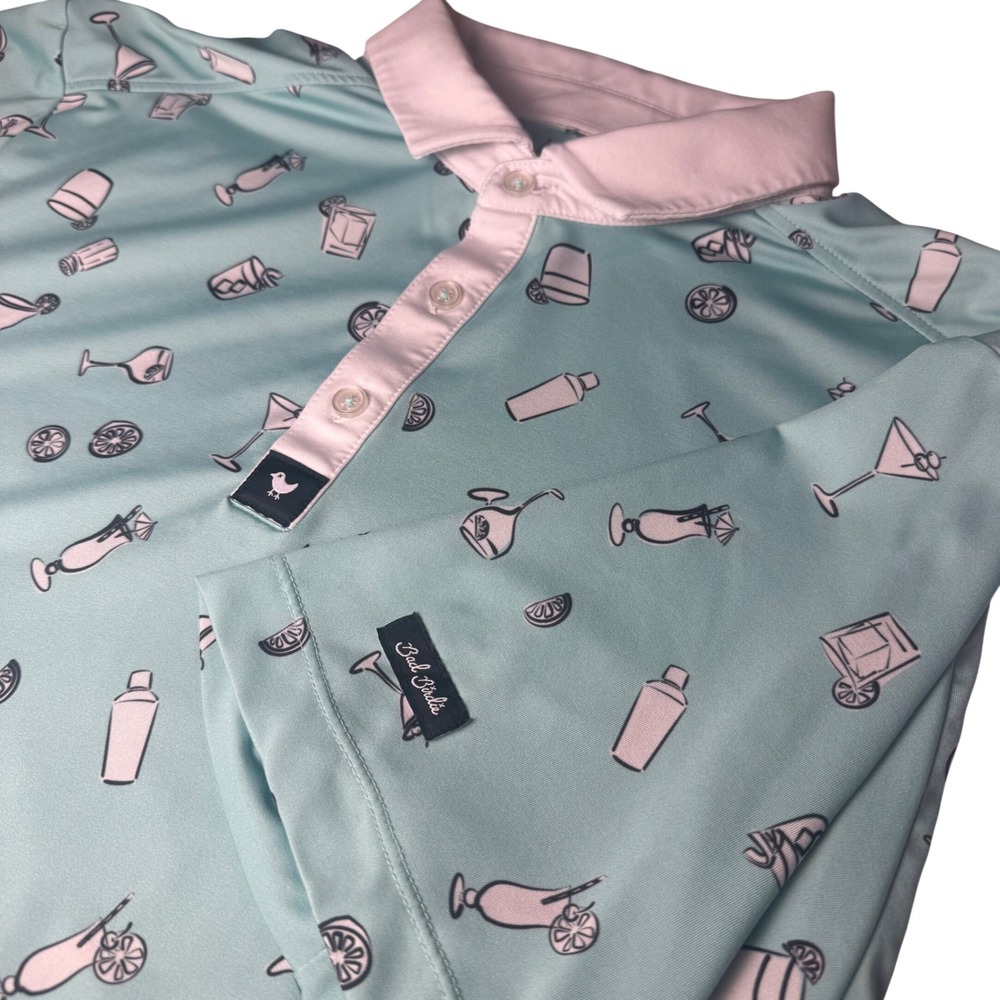 Bad Birdie Mens Size L Golf Polo Shirt Mint Green Cocktail Martini Preppy Resort